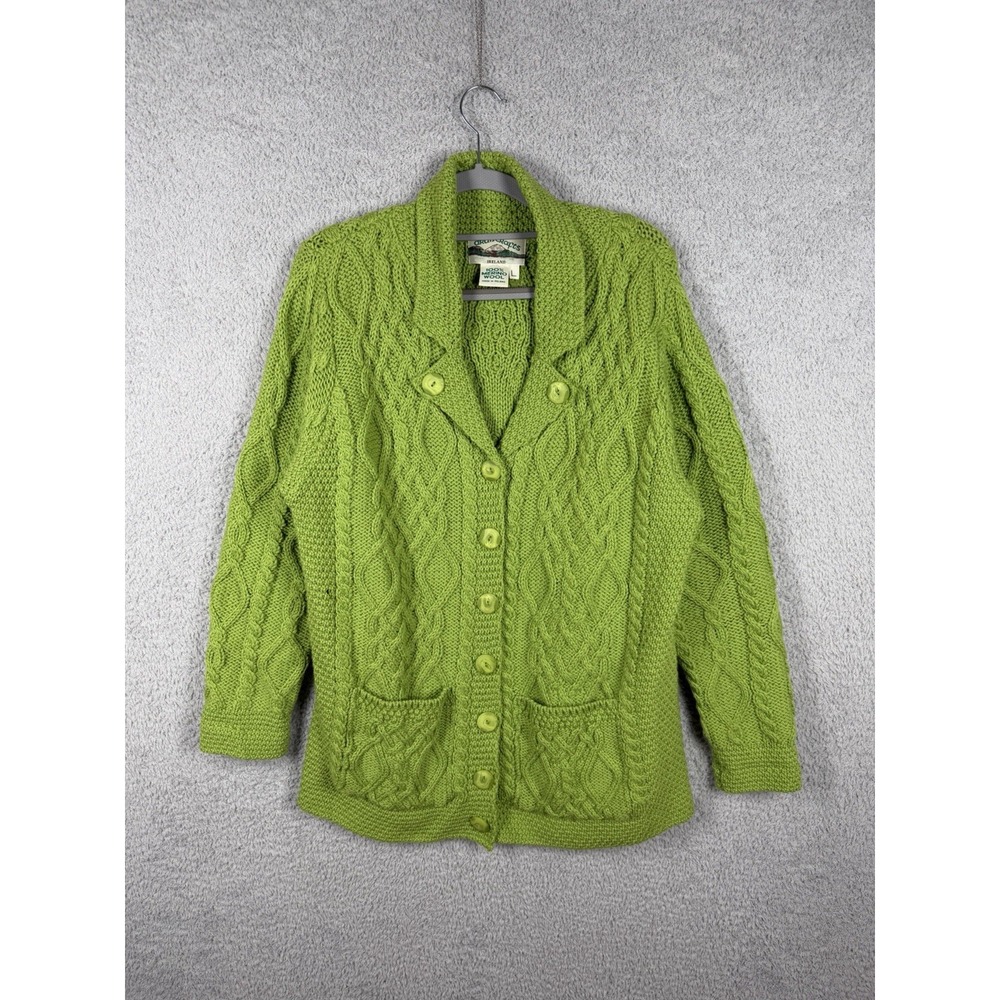 Aran Crafts Cardigan Sweater Womens Size L Green 100% Merino Wool Cable Knit